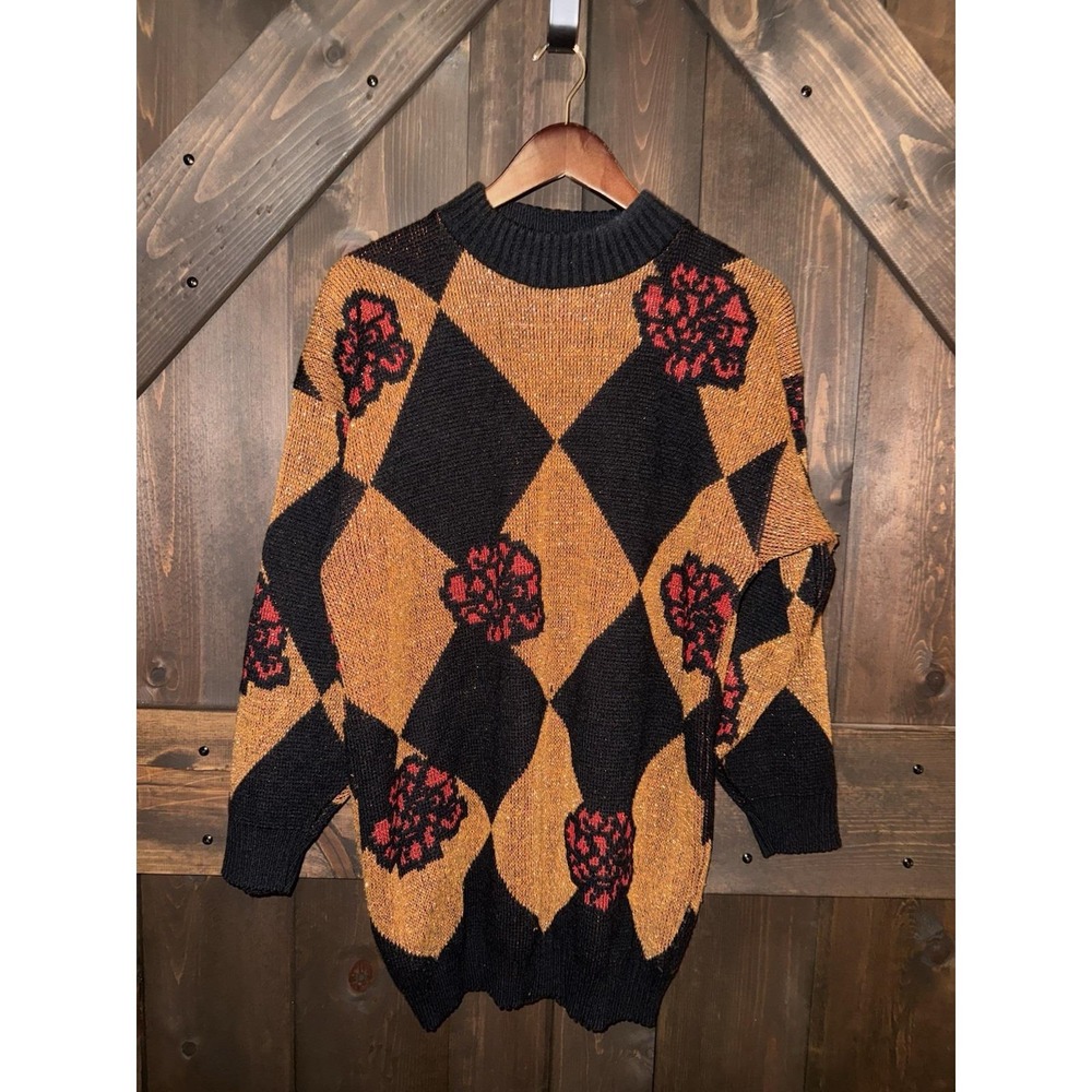 VTG Dana Scott Sweater Womens Sz M Red Gold Metallic Oversized USA